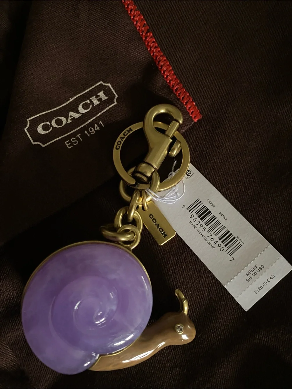 Coach Purple Enamel Snail Keychain Charm with Brass Hardware